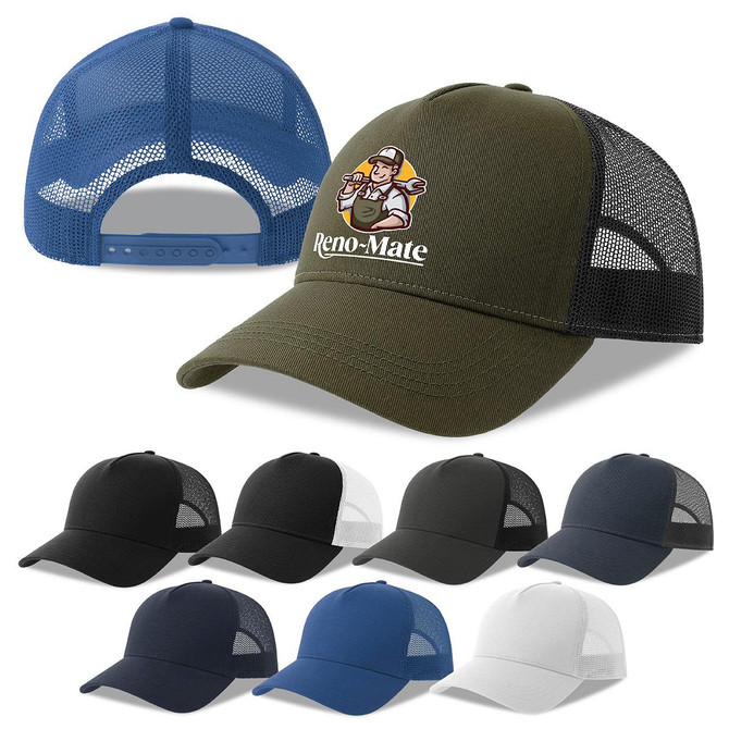 A green trucker cap with a logo, featuring a mesh back and available in various colours including black, white, and navy.