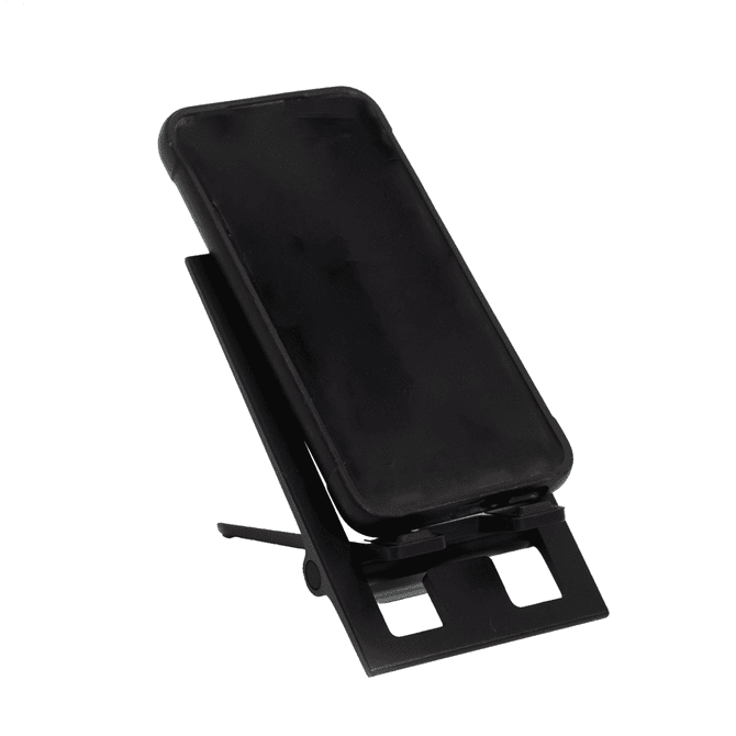 A foldable phone stand in black, featuring adjustable angles and a sleek design for device support.