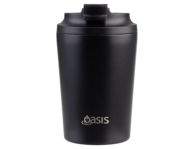 A black insulated coffee cup with a ceramic lining, featuring a lid and a small logo.