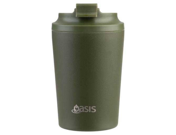 A green insulated coffee cup with a ceramic lining and a lid. It features a logo on the front.