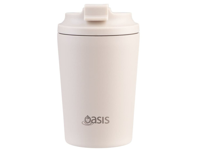 A ceramic-lined insulated coffee cup in soft cream colour, featuring a logo on the side and a secure lid.