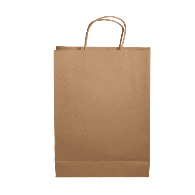 A brown paper bag with a flat base and two handles, featuring a simple design and no visible branding.