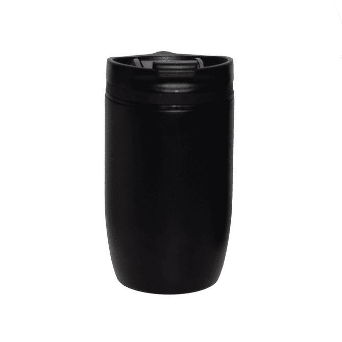 A drink bottle in glossy black, featuring a lid and a sleek, cylindrical design with a logo.