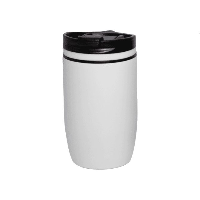 A drink bottle featuring a white body with a black lid, designed as a vacuum cup for temperature retention.