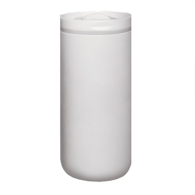 A drink bottle in white, featuring a sleek design with a lid and a logo.