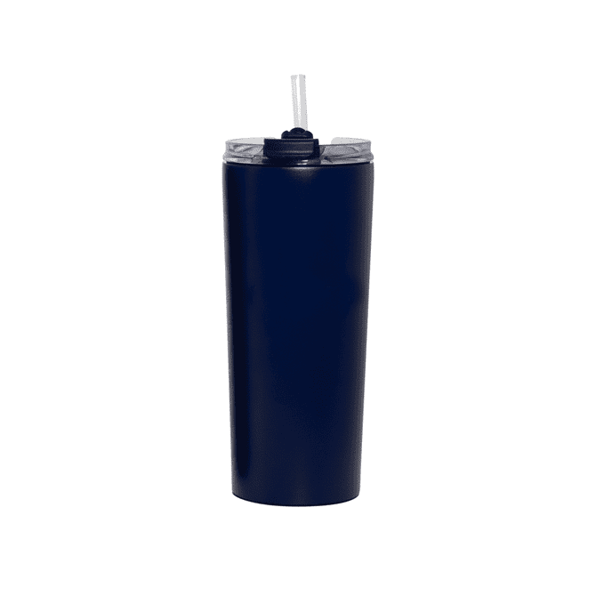 A drink bottle featuring a navy blue finish with a lid and straw, designed for vacuum insulation.