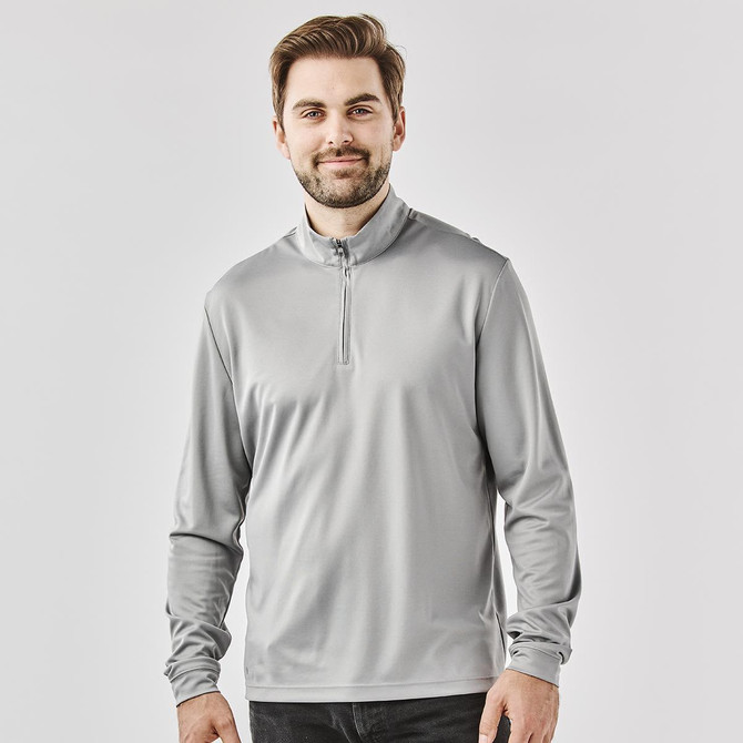 A grey men's pullover featuring a 1/4 zip and long sleeves, with a branding logo on the garment.