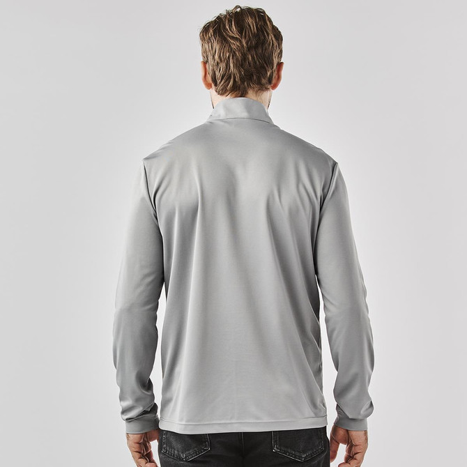 A men's grey 1/4 zip pullover, featuring long sleeves and a collar, with a subtle logo.