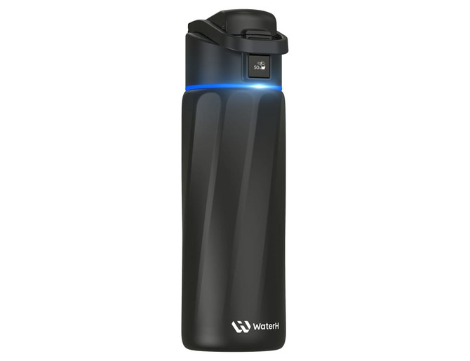 A drink bottle in matte black with a sleek design and a logo, featuring an LED indicator on the lid.