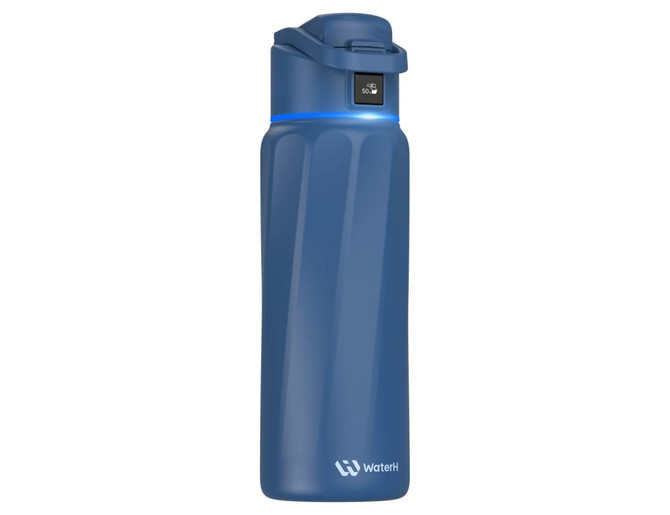 A drink bottle in navy blue with a sleek design and a logo on the side. Features a secure lid and LED indicator.