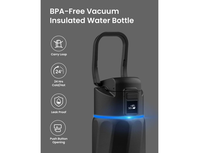 A drink bottle in black featuring a carry loop, BPA-free construction, and vacuum insulation with a glowing blue band.