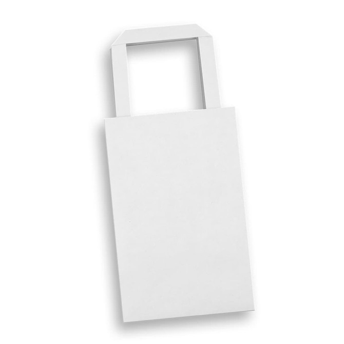 A small flat handle paper bag in white with a handle and a simple design. It features a logo.