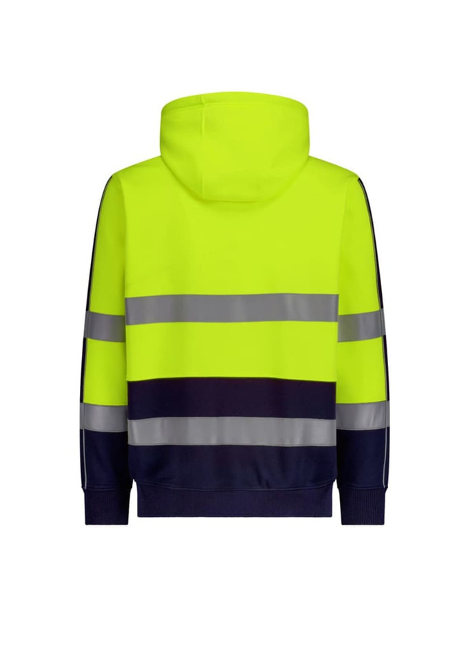 A unisex hi-vis full zip hoodie in bright yellow with dark navy and reflective tape stripes on the back.