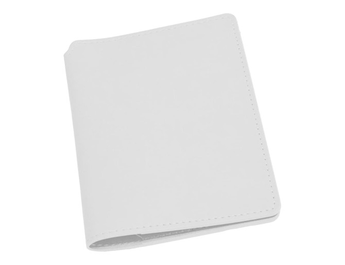 A white passport wallet with a smooth exterior and stitching details, featuring a logo on the front.