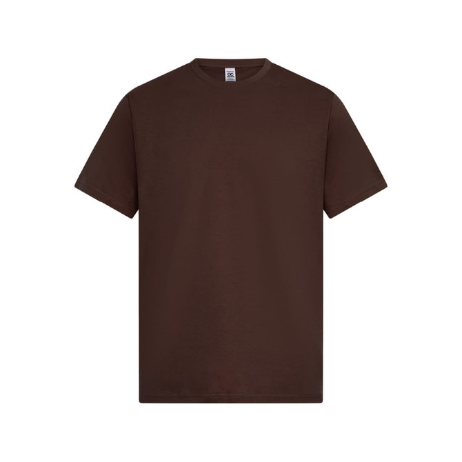 A brown T-shirt with short sleeves and a round neckline, featuring a logo on the tag.