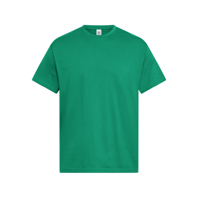 A green short-sleeved T-shirt with a simple design and a logo on the label.