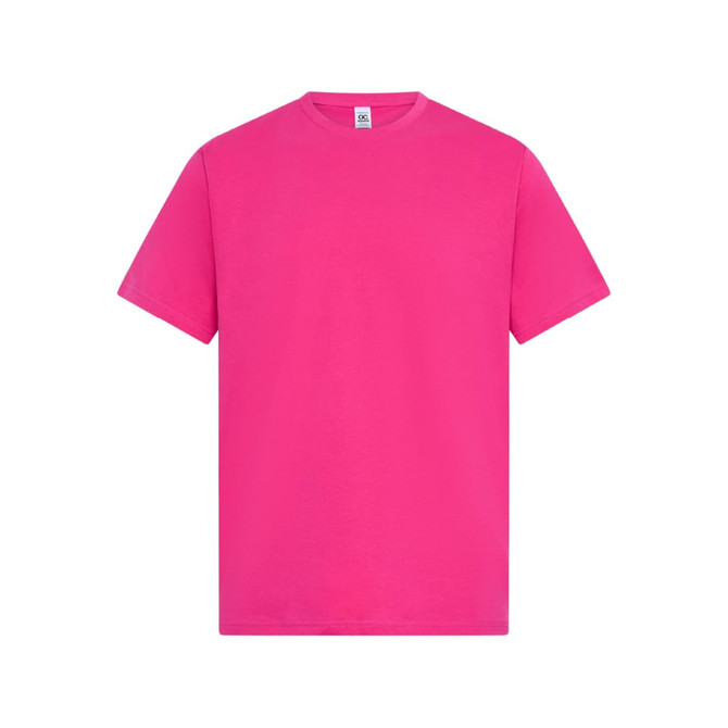 A bright pink T-shirt featuring a classic crew neck and short sleeves, with a branding logo on the label.
