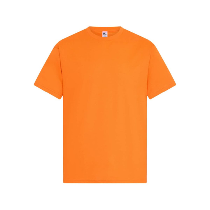 An orange short-sleeve T-shirt with a simple crew neckline and a small logo on the label.