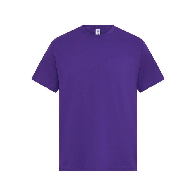 A purple men's essential T-shirt featuring a classic crew neck design and short sleeves. It has a logo on the label.