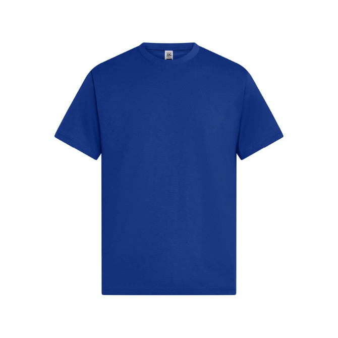 A blue men's essential t-shirt with a simple design and a logo on the label.