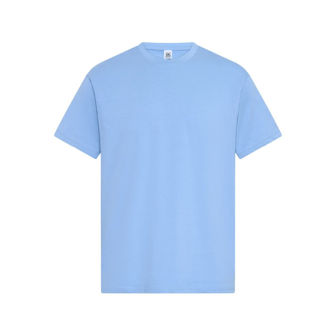 A light blue T-shirt featuring short sleeves and a classic round neckline, with a brand logo on the label.