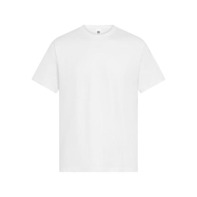 A plain white t-shirt featuring a crew neck and short sleeves, with a logo on the label.