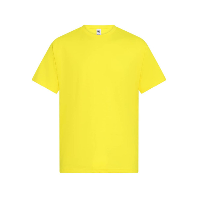 A bright yellow men's t-shirt, featuring a crew neck and short sleeves. It includes a logo on the label.