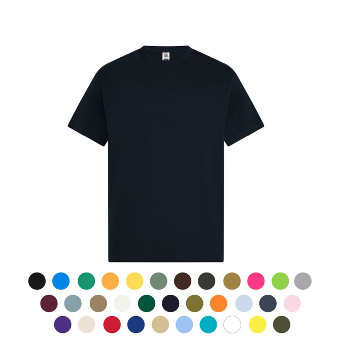 A black t-shirt displayed on a plain background, with a variety of colour options shown below.
