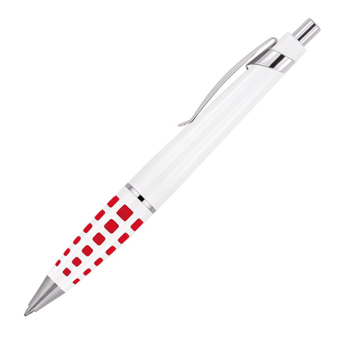 A metal ballpoint pen in white with red square accents and silver trim. The pen features a clip and smooth design.