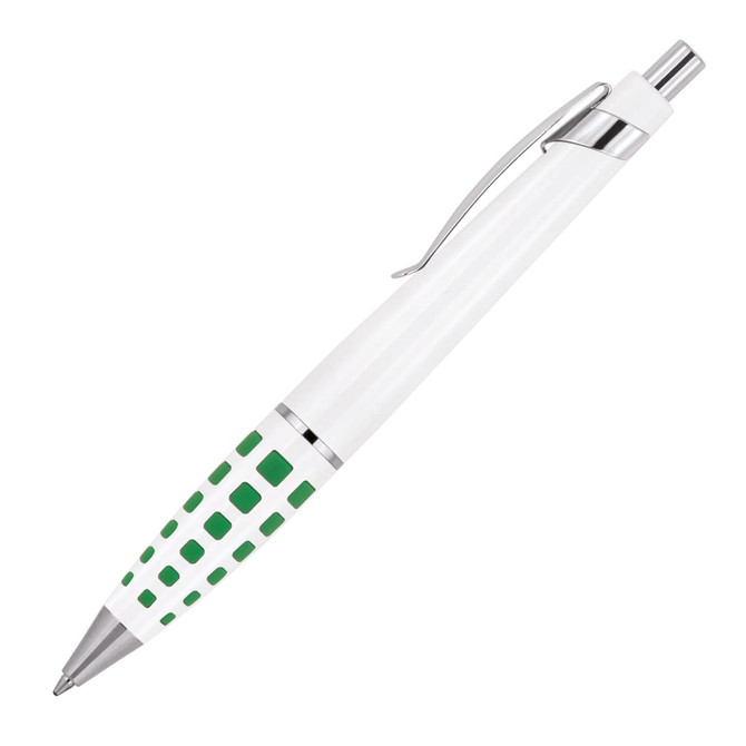 A white ballpoint pen with a green square pattern and silver accents, featuring a clip and a logo.