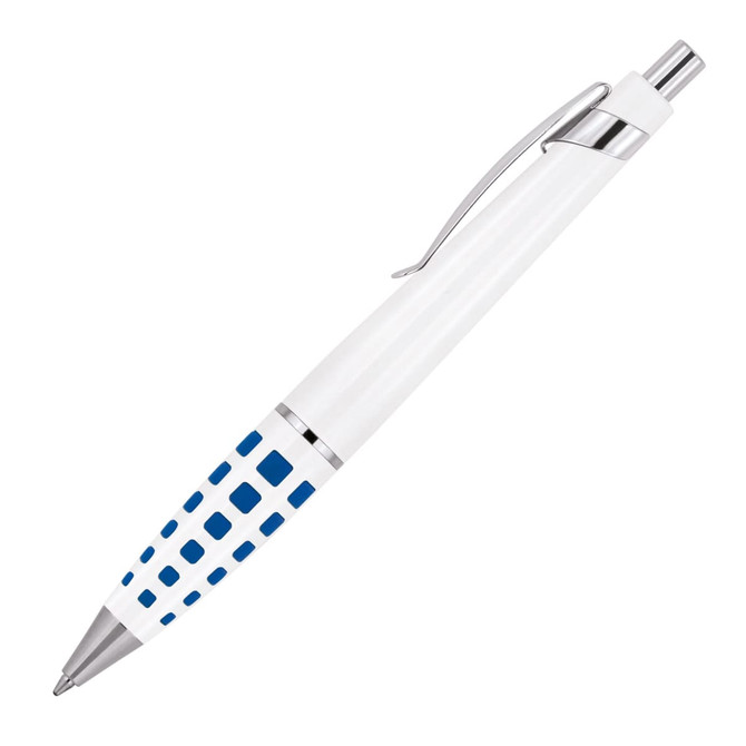 A white ballpoint pen with blue squares and silver accents, featuring a clip and a logo.