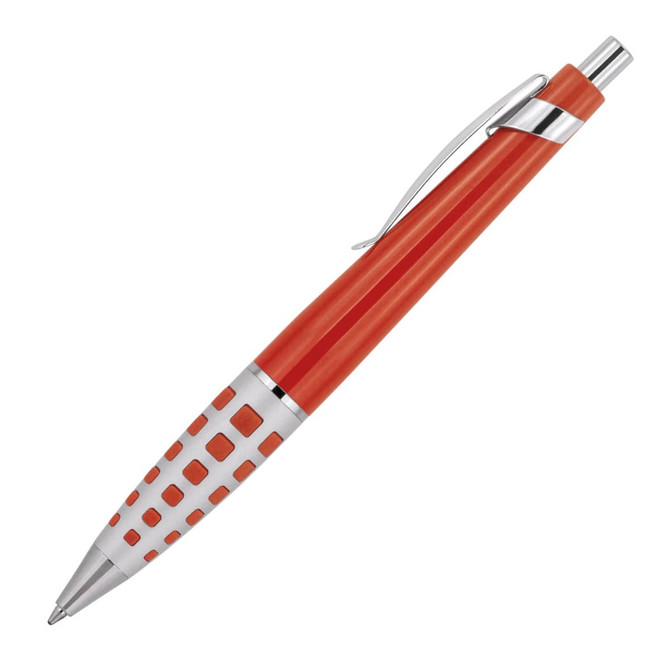 A ballpoint pen in vibrant orange with silver accents and a patterned grip. The pen features a branding logo.