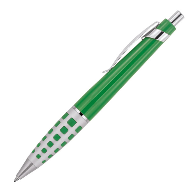 A ballpoint pen featuring a green barrel with silver accents and a patterned grip. The pen includes a branding logo.