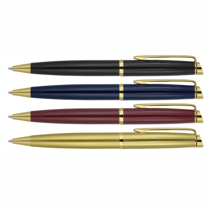 A set of four metal ballpoint pens featuring black, blue, burgundy, and gold finishes with gold trim.