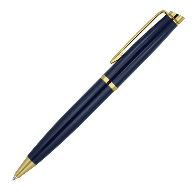 A ballpoint pen in navy blue with gold trim, featuring a sleek design and a clip for easy carrying.