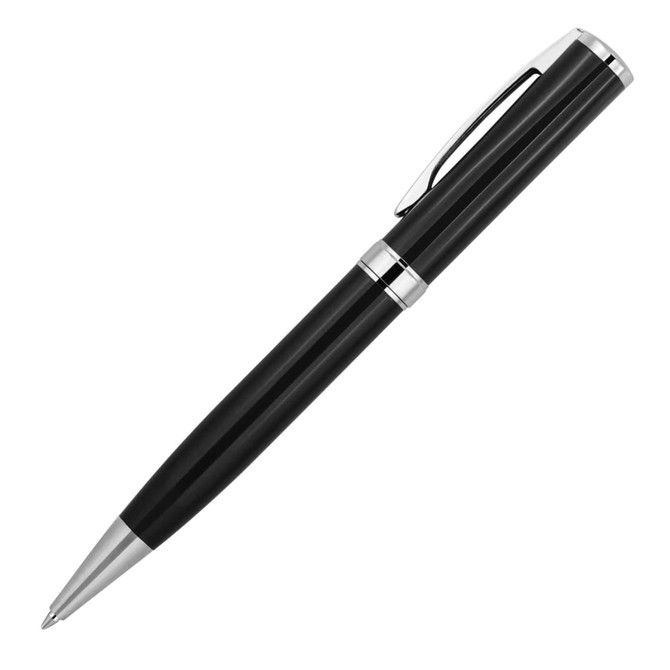A metal ballpoint pen in black with silver accents, featuring a clip and sleek design.