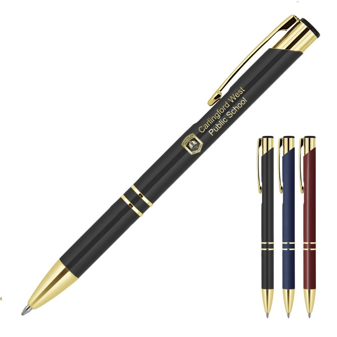 A black ballpoint pen with gold trim, featuring a logo and available in red, blue, and maroon options.