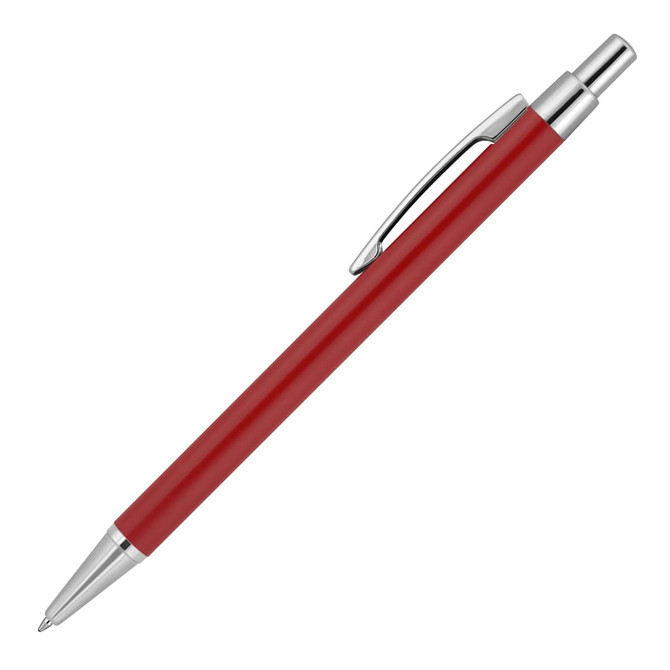 A ballpoint pen in matte red with silver accents and a clip. It features a sleek, executive design.