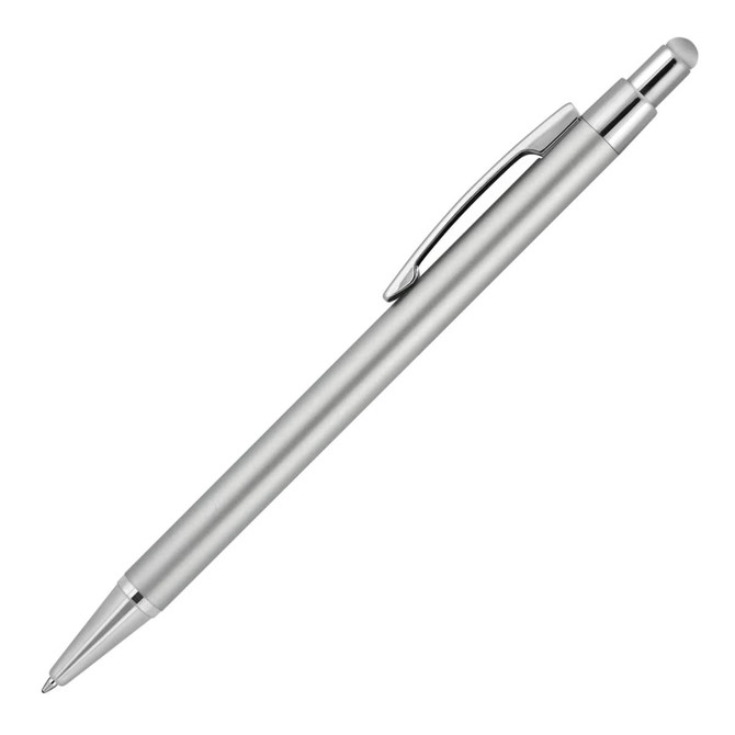 A silver metal ballpoint pen with a matte finish and a stylus tip, featuring a clip and branding.