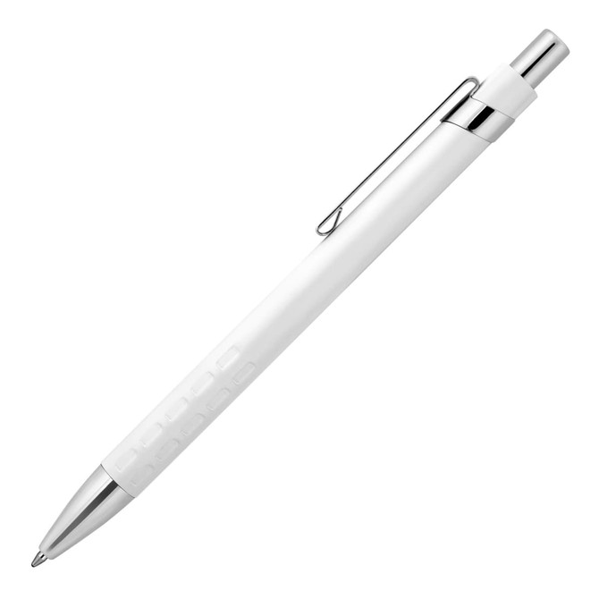 A sleek white ballpoint pen with chrome accents and a clip, featuring a textured grip and a logo.