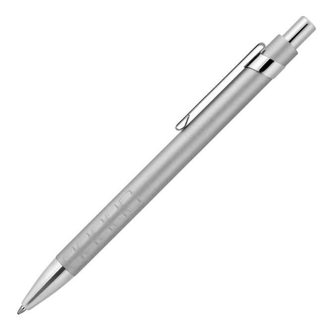 A silver matte ballpoint pen with a chrome clip and accents, featuring a textured grip and branding.