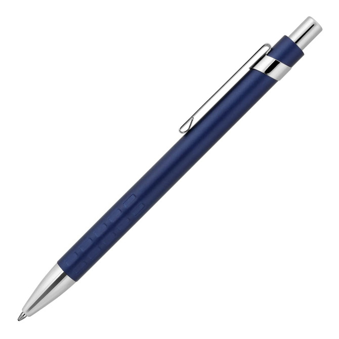 A metal ballpoint pen in a matte navy blue finish with chrome accents and a clip.