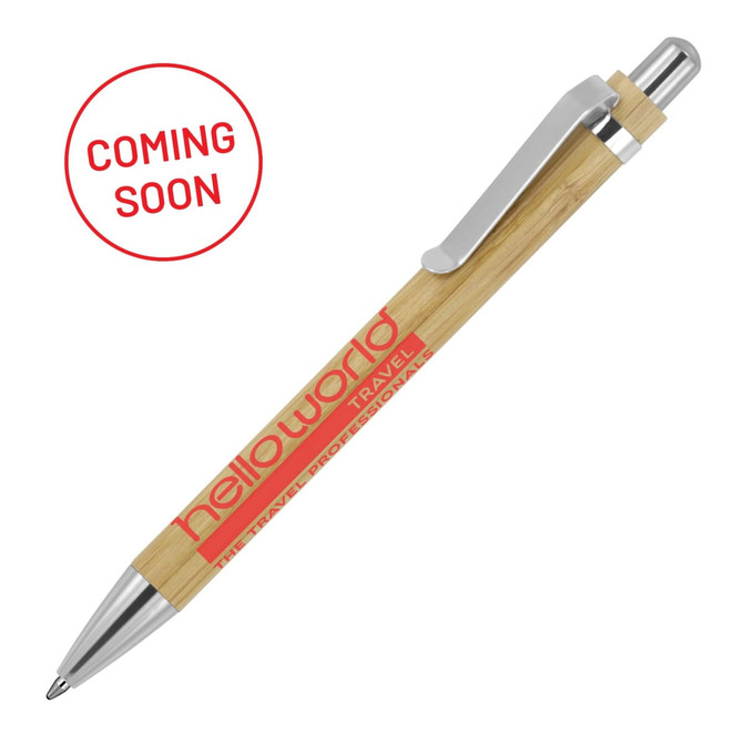 A bamboo ballpoint pen with a silver clip and a logo, featuring a natural wood finish and red accents.