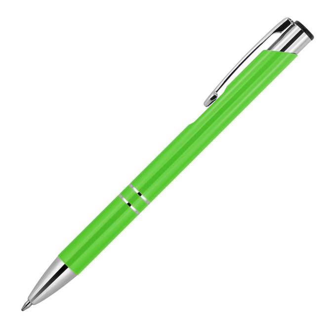 A green ballpoint pen with chrome accents and a sleek design. It features a logo on its body.