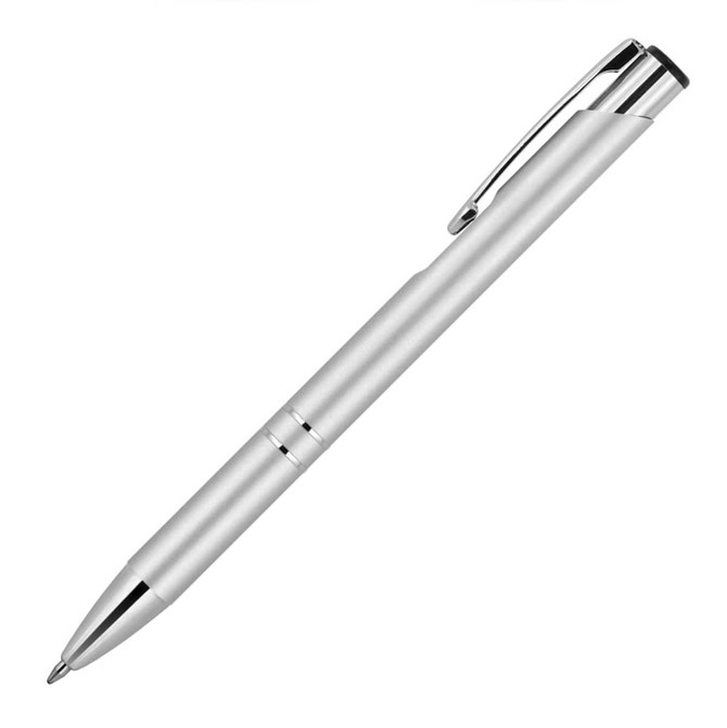 A metal ballpoint pen in silver with chrome accents and a clip, featuring a sleek executive design.