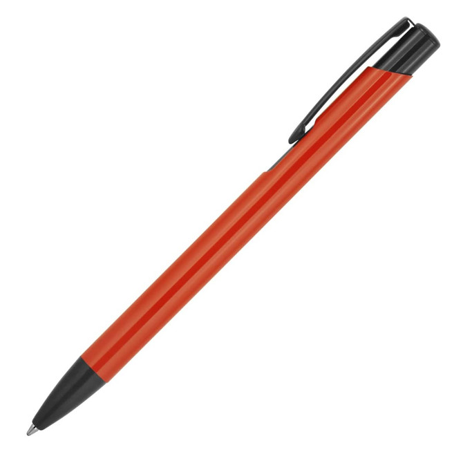 A sleek red ballpoint pen with a black trim and clip, featuring a branded logo.