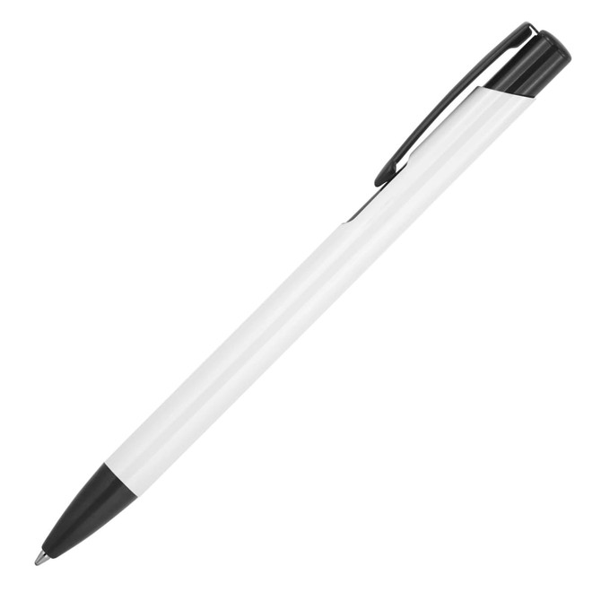 A metal ballpoint pen with a white body and black trim, featuring a clip and a branding logo.