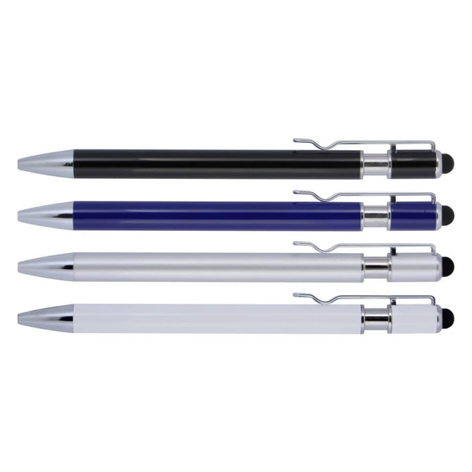 A set of four metal ballpoint pens in black, blue, silver, and white, each featuring a stylus tip and a logo.