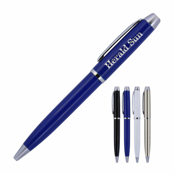 A metal ballpoint pen in blue with a silver clip and accents, alongside a selection of black, white, and silver pens.