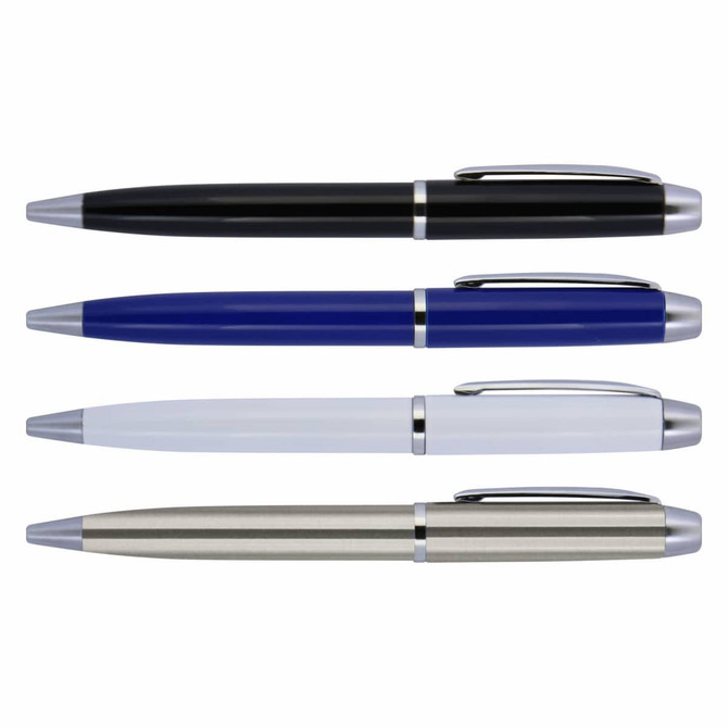 A selection of four metal ballpoint pens in black, blue, white, and silver, each with a silver clip and detailing.